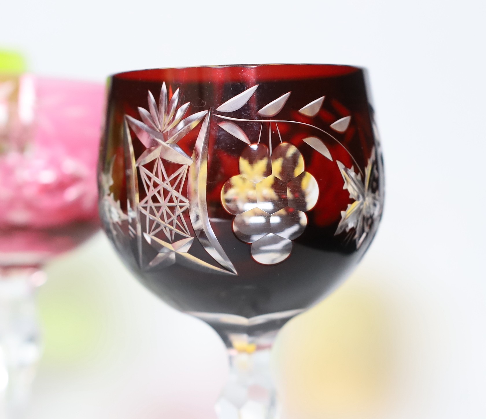 Eight coloured hock glasses